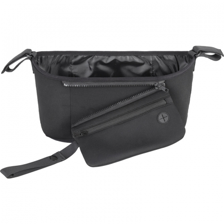 Transport si Relaxare - Organizator carucior, Petite&Mars, Cu buzunar frontal detasabil, Dimensiune universala, 31.5x19.5x9.5 cm, Atasare usoara cu Velcro, Negru