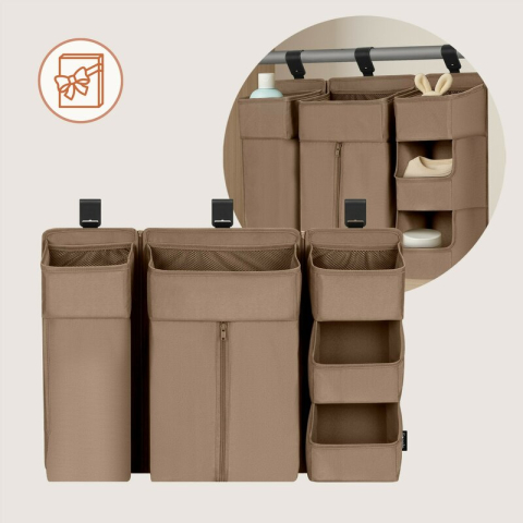 Organizator multifunctional, Lionelo, Sidepocket L, 58x11x58 cm, 3 parti independente cu multiple buzunare, Universal, Constructie ranforsata, Bej [15]