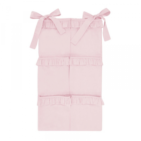 Mobilier si Lenjerie - Organizator pentru patut, MimiNu, Din bumbac certificat Oeko Tex Standard 100, Cu 6 compartimente, Doua panglici, 70x40 cm, Cu volanase, Colectia Royal Powder Pink
