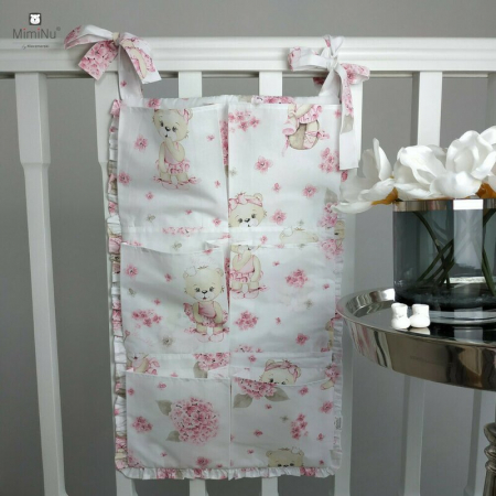 Organizator pentru patut, MimiNu, Din bumbac certificat Oeko Tex Standard 100, Cu 6 compartimente, Doua panglici, 70x40 cm, Cu volanase, Design, Pink Ballerina [2]