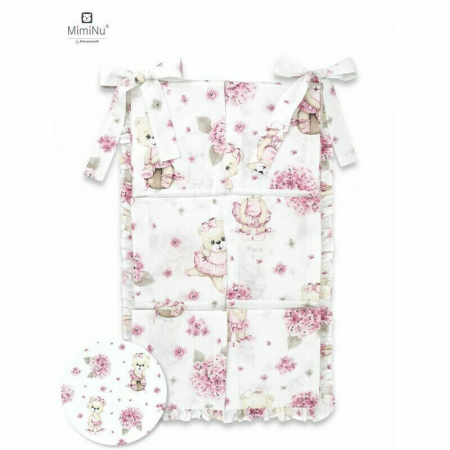 Mobilier si Lenjerie - Organizator pentru patut, MimiNu, Din bumbac certificat Oeko Tex Standard 100, Cu 6 compartimente, Doua panglici, 70x40 cm, Cu volanase, Design, Pink Ballerina