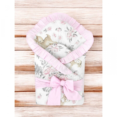 Paturica de infasat, MimiNu, Multifunctionala, Cu volanase, Cu inchidere cu panglica si arici velcro, Dimensiune 75x75 cm, Din bumbac certificat Oeko Tex Standard 100, Sweet Deer Pink/Pink [1]