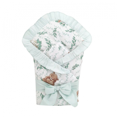 Mobilier si Lenjerie - Paturica de infasat, MimiNu, Multifunctionala, Cu volanase, Cu inchidere cu panglica si arici velcro, Dimensiune 75x75 cm, Din bumbac certificat Oeko Tex Standard 100, Lulu Natural/Mint