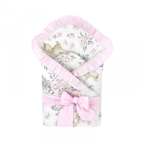 Mobilier si Lenjerie - Paturica de infasat, MimiNu, Multifunctionala, Cu volanase, Cu inchidere cu panglica si arici velcro, Dimensiune 75x75 cm, Din bumbac certificat Oeko Tex Standard 100, Sweet Deer Pink/Pink