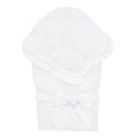 Mobilier si Lenjerie - Paturica de infasat, MimiNu, Multifunctionala pentru botez, Cu volanase, Cu inchidere cu panglica si arici velcro, Dimensiune 75x75 cm, Din bumbac certificat Oeko Tex Standard 100, White