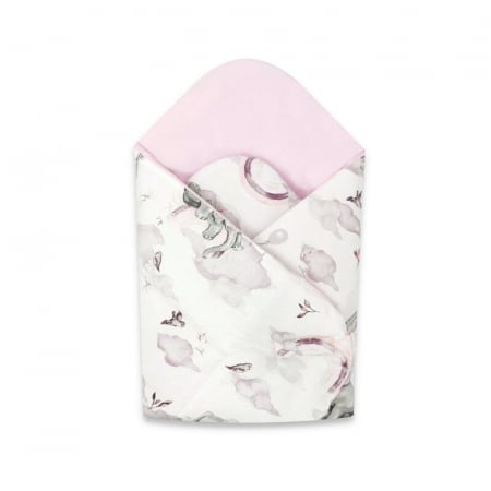 Mobilier si Lenjerie - Paturica de infasat, Qmini, Cu doua fete, Cu multiple utilizari, Cu inchidere arici velcro, Dimensiune 75x75 cm, Din bumbac certificat Oeko Tex Standard 100, Elephants on Rainbow Pink