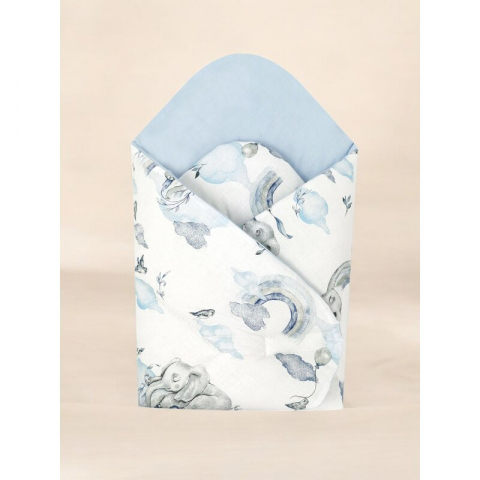 Paturica de infasat, Qmini, Cu doua fete, Cu multiple utilizari, Cu inchidere arici velcro, Dimensiune 75x75 cm, Din bumbac certificat Oeko Tex Standard 100, Elephants on Rainbow Blue [1]