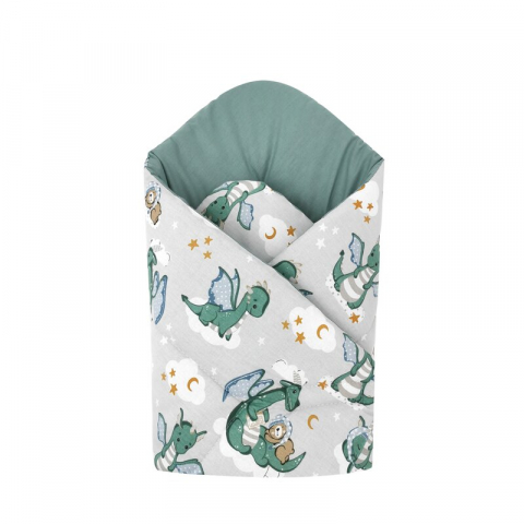 Mobilier si Lenjerie - Paturica de infasat, Qmini, Cu doua fete, Cu multiple utilizari, Cu inchidere arici velcro, Dimensiune 75x75 cm, Din bumbac certificat Oeko Tex Standard 100, Dragons Gray