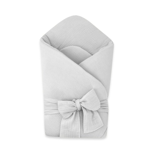 Mobilier si Lenjerie - Paturica de infasat, Qmini, Din muselina dubla, Cu inchidere cu panglica, Dimensiune 75x75 cm, Din material certificat Oeko Tex Standard 100, Gray