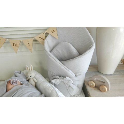 Paturica de infasat, Qmini, Din muselina dubla, Cu inchidere cu panglica, Dimensiune 75x75 cm, Din material certificat Oeko Tex Standard 100, Gray [2]