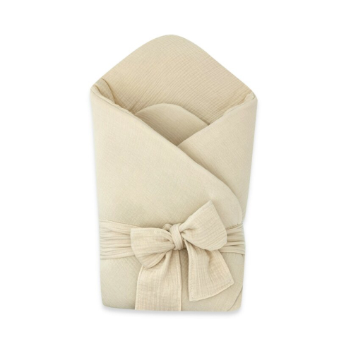 Mobilier si Lenjerie - Paturica de infasat, Qmini, Din muselina dubla, Cu inchidere cu panglica, Dimensiune 75x75 cm, Din material certificat Oeko Tex Standard 100, Warm Beige