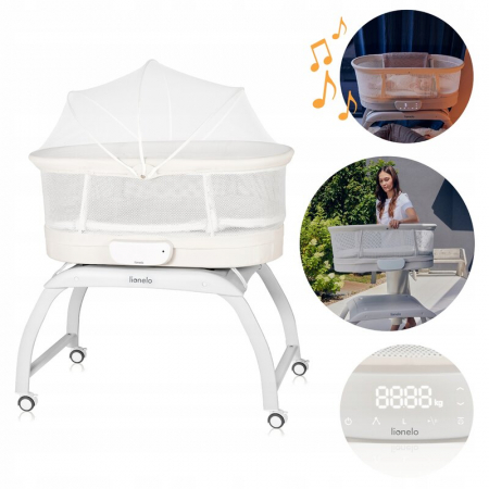 Patut balansoar, Lionelo, Coral, Cu landou ergonomic detasabil, Functie de balansare integrata, Functie de cantar, Sunete si cantece de leagan, Cu roti, Panou tactil sau telecomanda, 0-9 kg, EN 1130:2 [2]