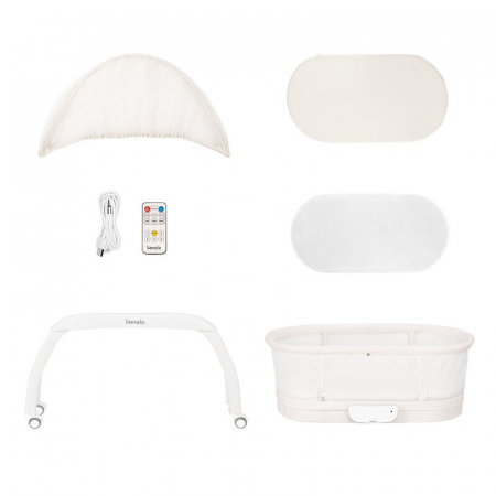 Patut balansoar, Lionelo, Coral, Cu landou ergonomic detasabil, Functie de balansare integrata, Functie de cantar, Sunete si cantece de leagan, Cu roti, Panou tactil sau telecomanda, 0-9 kg, EN 1130:2 [10]