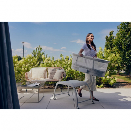 Patut balansoar, Lionelo, Coral, Cu landou ergonomic detasabil, Functie de balansare integrata, Functie de cantar, Sunete si cantece de leagan, Cu roti, Panou tactil sau telecomanda, 0-9 kg, EN 1130:2 [22]