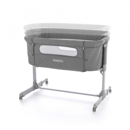 Patut co-sleeper, Feedo, Pliabil, Reglabil in 5 pozitii, Cu laterala detasabila, Include geanta de transport si salteluta, Cu roti, Greutate maxima suportata 9 kg, 0-5 luni, Gri [1]