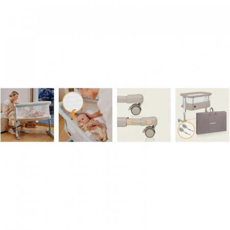 Patut co-sleeper, Lionelo, Aurora, 3 in 1, Cu leganare si setare unghiulara, Include saltea cu densitate T25 si geanta transport, Reglabil in 5 pozitii, Pana la 9 kg, 0 luni+, 85x60x66 cm, Certificari [57]