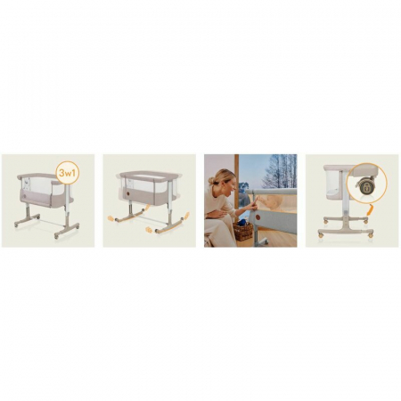 Patut co-sleeper, Lionelo, Aurora, 3 in 1, Cu leganare si setare unghiulara, Include saltea cu densitate T25 si geanta transport, Reglabil in 5 pozitii, Pana la 9 kg, 0 luni+, 85x60x66 cm, Certificari [56]