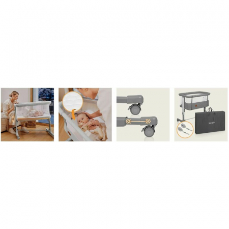 Patut co-sleeper, Lionelo, Aurora, 3 in 1, Cu leganare si setare unghiulara, Include saltea cu densitate T25 si geanta transport, Reglabil in 5 pozitii pe inaltime, Pana la 9 kg, 0 luni+, 85x60x66 cm, [44]
