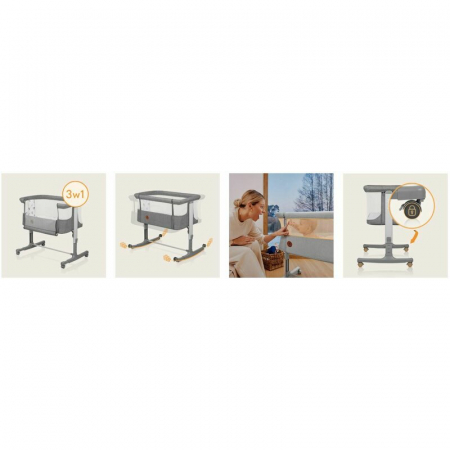 Patut co-sleeper, Lionelo, Aurora, 3 in 1, Cu leganare si setare unghiulara, Include saltea cu densitate T25 si geanta transport, Reglabil in 5 pozitii pe inaltime, Pana la 9 kg, 0 luni+, 85x60x66 cm, [45]