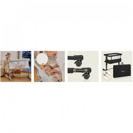 Patut co-sleeper, Lionelo, Aurora, 3 in 1, Cu leganare si setare unghiulara, Include saltea cu densitate T25 si geanta transport, Reglabil in 5 pozitii pe inaltime, Pana la 9 kg, 0 luni+, Conform cu E [48]