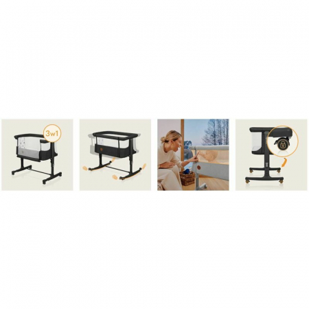 Patut co-sleeper, Lionelo, Aurora, 3 in 1, Cu leganare si setare unghiulara, Include saltea cu densitate T25 si geanta transport, Reglabil in 5 pozitii pe inaltime, Pana la 9 kg, 0 luni+, Conform cu E [47]