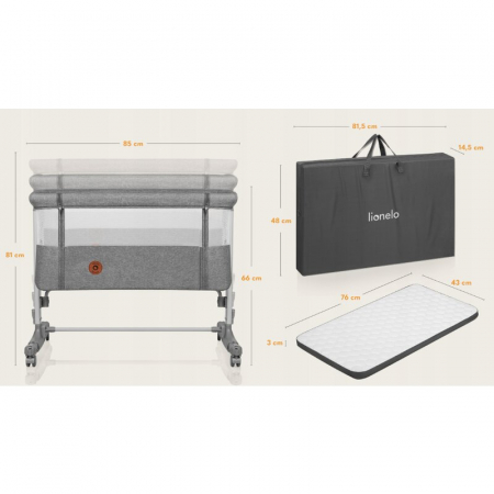 Patut co-sleeper, Lionelo, Aurora, 3 in 1, Cu leganare si setare unghiulara, Include saltea cu densitate T25 si geanta transport, Reglabil in 5 pozitii pe inaltime, Pana la 9 kg, 0 luni+, 85x60x66 cm, [43]