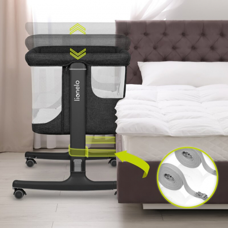Patut co-sleeper, Lionelo, Aurora, 3 in 1, Cu leganare si setare unghiulara, Include saltea cu densitate T25 si geanta transport, Reglabil in 5 pozitii pe inaltime, Pana la 9 kg, 0 luni+, Conform cu E [37]