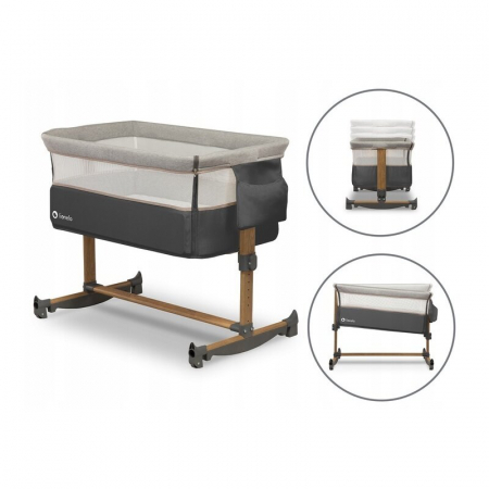 Patut co-sleeper, Lionelo, Leonie, Cu sistem de leganare, Cu setare unghiulara, Reglabil in 5 pozitii pe inaltime, Conform cu standardele europeane de securitate EN1130 si EN16890, Grey Stone [21]