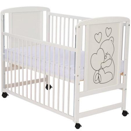 Patut din lemn, 120x60 cm, Cu laterala culisanta, Din lemn de pin si mdf, Stabil si rezistent, Inaltime saltea reglabila pe 3 nivele, Laterala cu 3 bete detasabile, EN716-1, EN716-2, Alb, Qmini, Timmi [8]