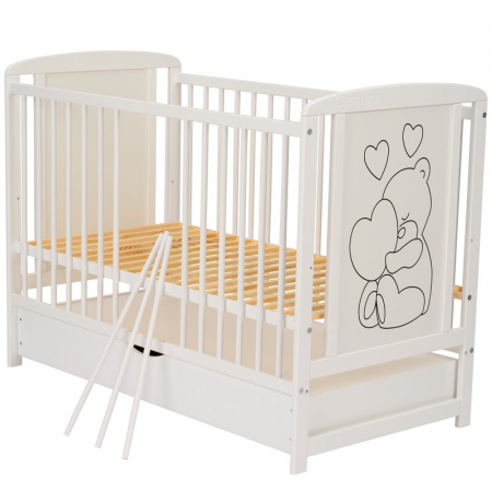 Patut din lemn, 120x60 cm, Cu sertar, Din lemn de pin si mdf, Stabil si rezistent, Inaltime saltea reglabila pe 3 nivele, Laterala cu 3 bete detasabile, EN716-1, EN716-2, Alb, Qmini, Timmi Heart + Sal [9]