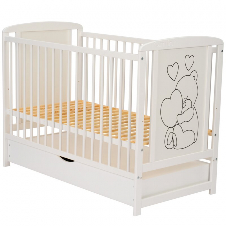 Patut din lemn, 120x60 cm, Cu sertar, Din lemn de pin si mdf, Stabil si rezistent, Inaltime saltea reglabila pe 3 nivele, Laterala cu 3 bete detasabile, EN716-1, EN716-2, Alb, Qmini, Timmi Heart + Sal [11]