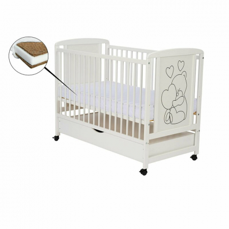 Patut din lemn, 120x60 cm, Cu sertar, Din lemn de pin si mdf, Stabil si rezistent, Inaltime saltea reglabila pe 3 nivele, Laterala cu 3 bete detasabile, EN716-1, EN716-2, Alb, Qmini, Timmi Heart + Sal [1]