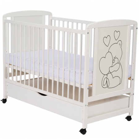 Patut din lemn, 120x60 cm, Cu sertar, Din lemn de pin si mdf, Stabil si rezistent, Inaltime saltea reglabila pe 3 nivele, Laterala cu 3 bete detasabile, EN716-1, EN716-2, Alb, Qmini, Timmi Heart + Sal [6]