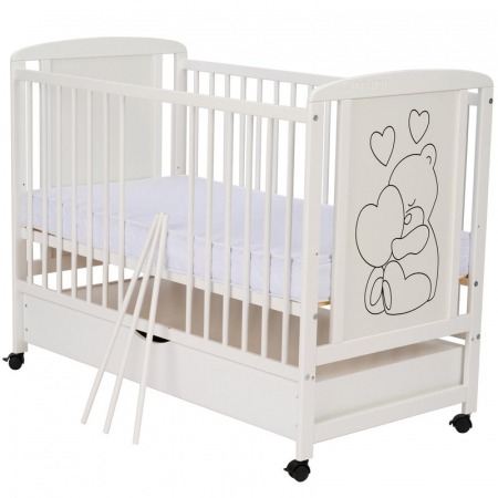 Patut din lemn, 120x60 cm, Cu sertar, Din lemn de pin si mdf, Stabil si rezistent, Inaltime saltea reglabila pe 3 nivele, Laterala cu 3 bete detasabile, EN716-1, EN716-2, Alb, Qmini, Timmi Heart + Sal [8]
