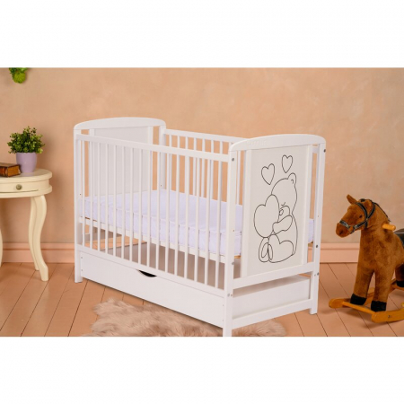 Patut din lemn, 120x60 cm, Cu sertar, Din lemn de pin si mdf, Stabil si rezistent, Inaltime saltea reglabila pe 3 nivele, Laterala cu 3 bete detasabile, EN716-1, EN716-2, Alb, Qmini, Timmi Heart + Sal [4]