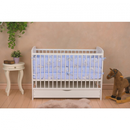 Patut din lemn, 120x60 cm, Cu sertar, Din lemn de pin si mdf, Stabil si rezistent, Inaltime saltea reglabila pe 3 nivele, Laterala cu 3 bete detasabile, EN716-1, EN716-2, Alb, Qmini, Timmi Heart + Sal [5]