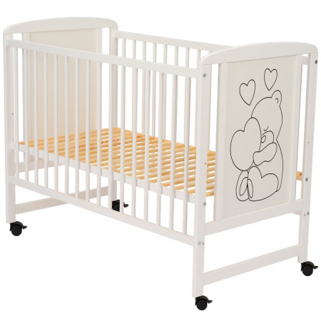 Patut din lemn, 120x60 cm, Din lemn de pin si mdf, Stabil si rezistent, Inaltime saltea reglabila pe 3 nivele, Laterala cu 3 bete detasabile, EN716-1, EN716-2, Alb, Qmini, Timmi Heart + Saltea 10 cm [11]