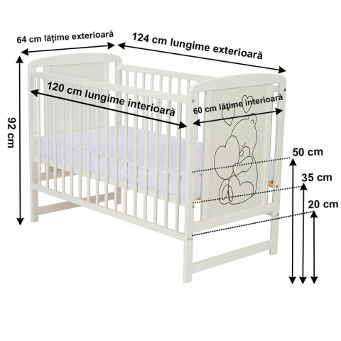 Patut din lemn, 120x60 cm, Din lemn de pin si mdf, Stabil si rezistent, Inaltime saltea reglabila pe 3 nivele, Laterala cu 3 bete detasabile, EN716-1, EN716-2, Alb, Qmini, Timmi Heart + Saltea 8 cm [5]