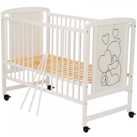Patut din lemn, 120x60 cm, Din lemn de pin si mdf, Stabil si rezistent, Inaltime saltea reglabila pe 3 nivele, Laterala cu 3 bete detasabile, EN716-1, EN716-2, Alb, Qmini, Timmi Heart + Saltea 8 cm [12]
