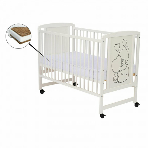 Patut din lemn, 120x60 cm, Din lemn de pin si mdf, Stabil si rezistent, Inaltime saltea reglabila pe 3 nivele, Laterala cu 3 bete detasabile, EN716-1, EN716-2, Alb, Qmini, Timmi Heart + Saltea 8 cm [1]