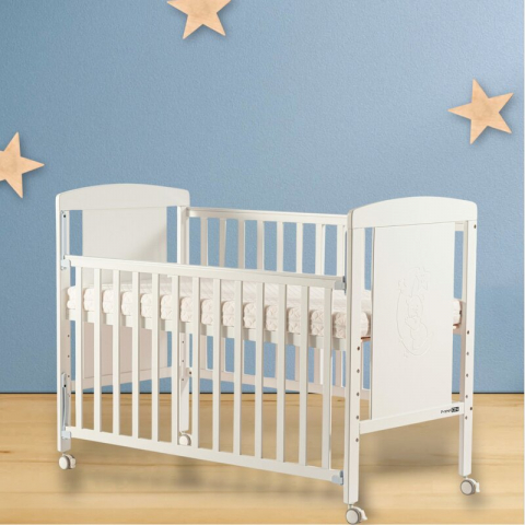 Patut din lemn bebe, 120x60 cm, Cu laterala culisanta, Din lemn de pin si mdf, Cu roti, Cu sina speciala pentru dentitie, Stabil si rezistent, White, FreeON, Mia [2]