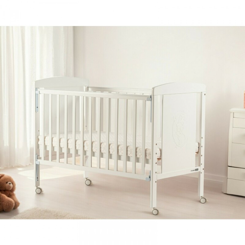 Patut din lemn bebe, 120x60 cm, Cu laterala culisanta, Din lemn de pin si mdf, Cu roti, Cu sina speciala pentru dentitie, Stabil si rezistent, White, FreeON, Mia [5]