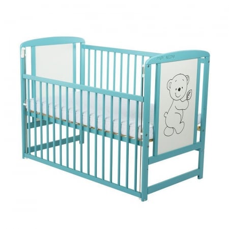 Patut din lemn bebe, 120x60 cm, Cu laterala culisanta, Din lemn de pin si mdf, Stabil si rezistent, Inaltime saltea reglabila pe 3 nivele, Laterala cu 3 bete detasabile, EN716-1, EN716-2, Mint, Babyne [1]