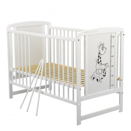 Patut din lemn bebe, 120x60 cm, Cu laterala culisanta, Din lemn de pin si mdf, Stabil si rezistent, Inaltime saltea reglabila pe 3 nivele, Laterala cu 3 bete detasabile, EN716-1, EN716-2, Alb, Babynee [9]