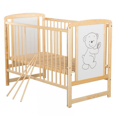 Patut din lemn bebe, 120x60 cm, Cu laterala culisanta, Din lemn de pin si mdf, Stabil si rezistent, Inaltime saltea reglabila pe 3 nivele, Laterala cu 3 bete detasabile, EN716-1, EN716-2, Natur, Babyn [6]