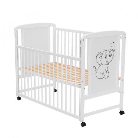 Patut din lemn bebe, 120x60 cm, Cu laterala culisanta, Din lemn de pin si mdf, Stabil si rezistent, Inaltime saltea reglabila pe 3 nivele, Laterala cu 3 bete detasabile, EN716-1, EN716-2, Alb, Qmini,  [4]