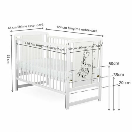Patut din lemn bebe, 120x60 cm, Cu laterala culisanta, Din lemn de pin si mdf, Stabil si rezistent, Inaltime saltea reglabila pe 3 nivele, Laterala cu 3 bete detasabile, EN716-1, EN716-2, Alb, Babynee [4]