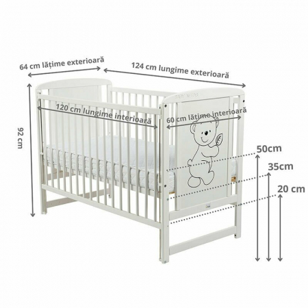 Patut din lemn bebe, 120x60 cm, Cu laterala culisanta, Din lemn de pin si mdf, Stabil si rezistent, Inaltime saltea reglabila pe 3 nivele, Laterala cu 3 bete detasabile, EN716-1, EN716-2, Alb, Babynee [10]
