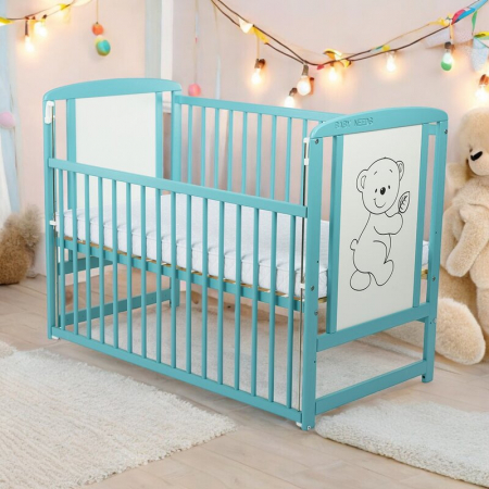 Patut din lemn bebe, 120x60 cm, Cu laterala culisanta, Din lemn de pin si mdf, Stabil si rezistent, Inaltime saltea reglabila pe 3 nivele, Laterala cu 3 bete detasabile, EN716-1, EN716-2, Mint, Babyne [2]