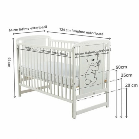 Patut din lemn bebe, 120x60 cm, Cu laterala culisanta, Din lemn de pin si mdf, Stabil si rezistent, Inaltime saltea reglabila pe 3 nivele, Laterala cu 3 bete detasabile, EN716-1, EN716-2, Alb, Babynee [9]